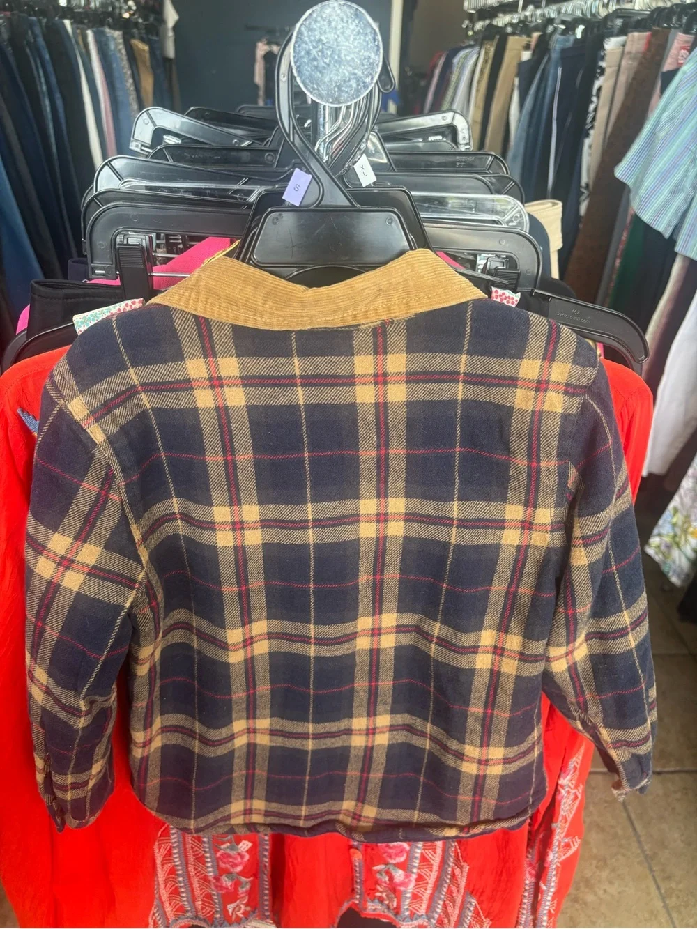Old Navy Navy and Tan Plaid Button-Down Shirt with Corduroy Collar